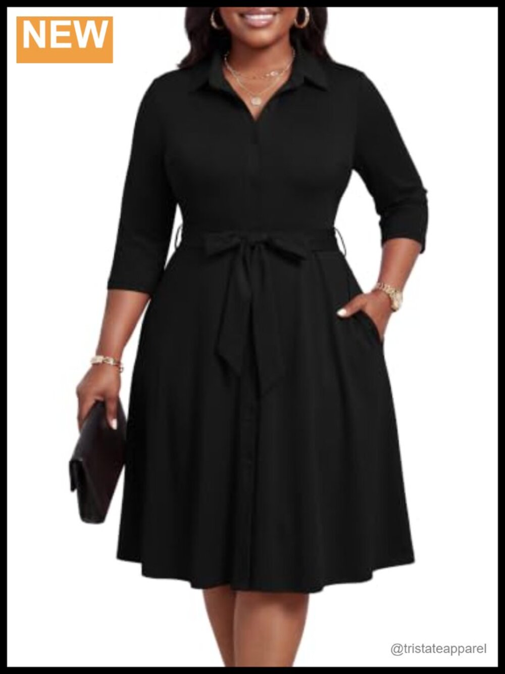 Plus Size Midi Dress Button Down 3/4 Flutter Sleeve A-Line Cocktail